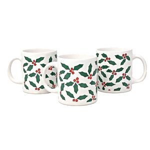 Waechtersbach Pottery Christmas Mugs Lot of 3  Red Green All Over Holly Berry
